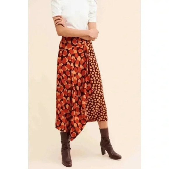 Anthropologie Jennifer Midi Faux Wrap Skirt Size 4 Orange Leopard Print Work - Picture 1 of 11